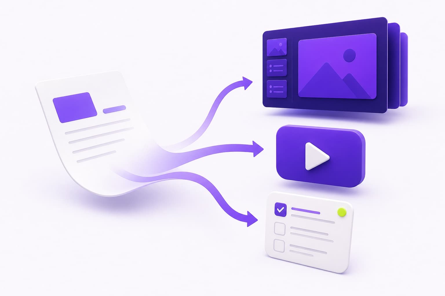 A document transforming into slides, video, and a quiz