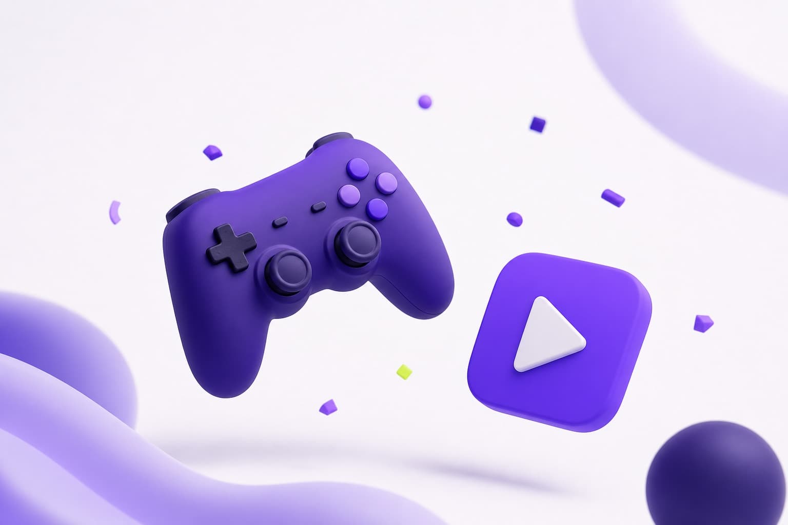 A playful game controller and play button with confetti