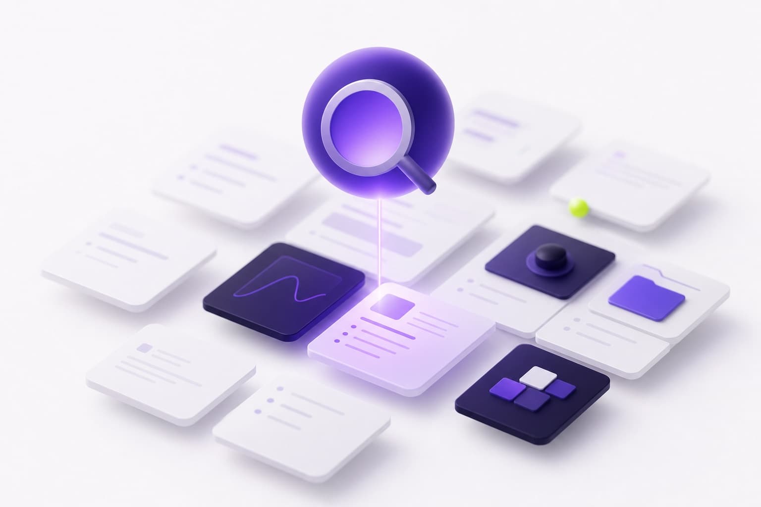 AI search lens hovering over a grid of documents and product tiles