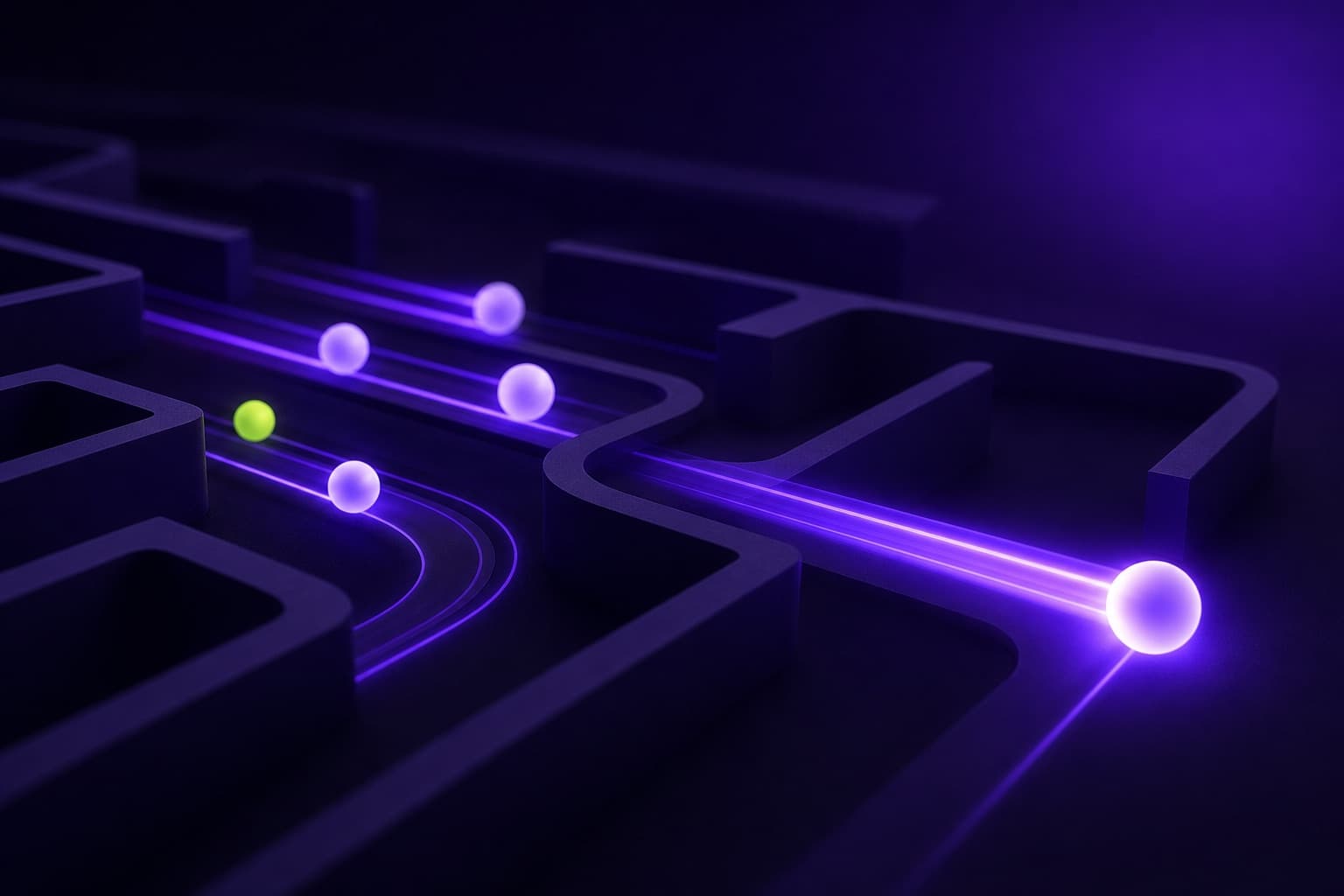 Glowing agent orbs racing through a dark circuit maze