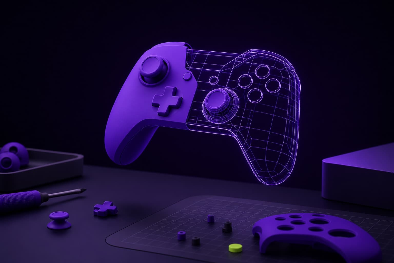 Half-built wireframe game controller glowing violet
