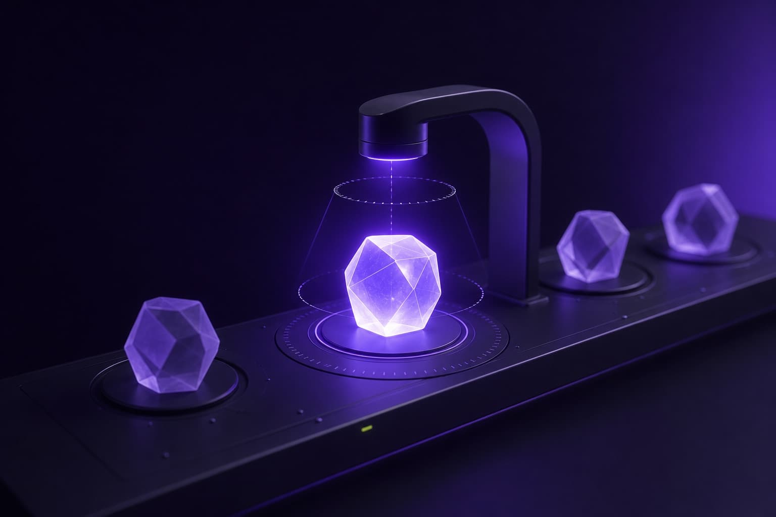Crystalline model cores under measurement rings on a dark bench