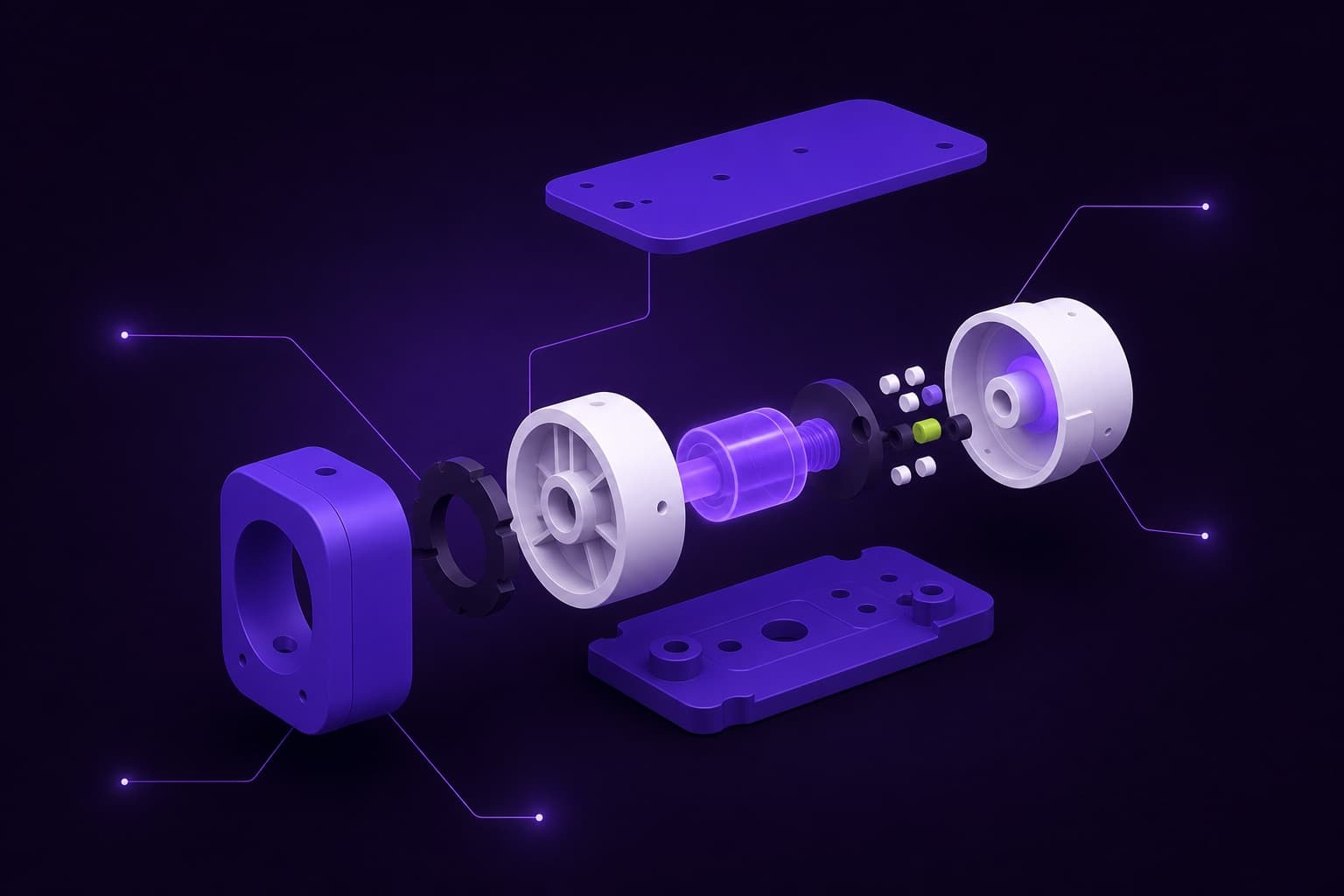 Exploded view of an abstract machine with glowing annotation lines