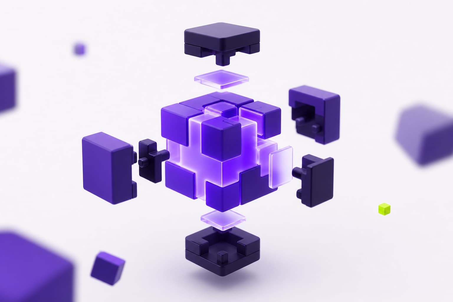 Modular blocks assembling into a glowing automation node