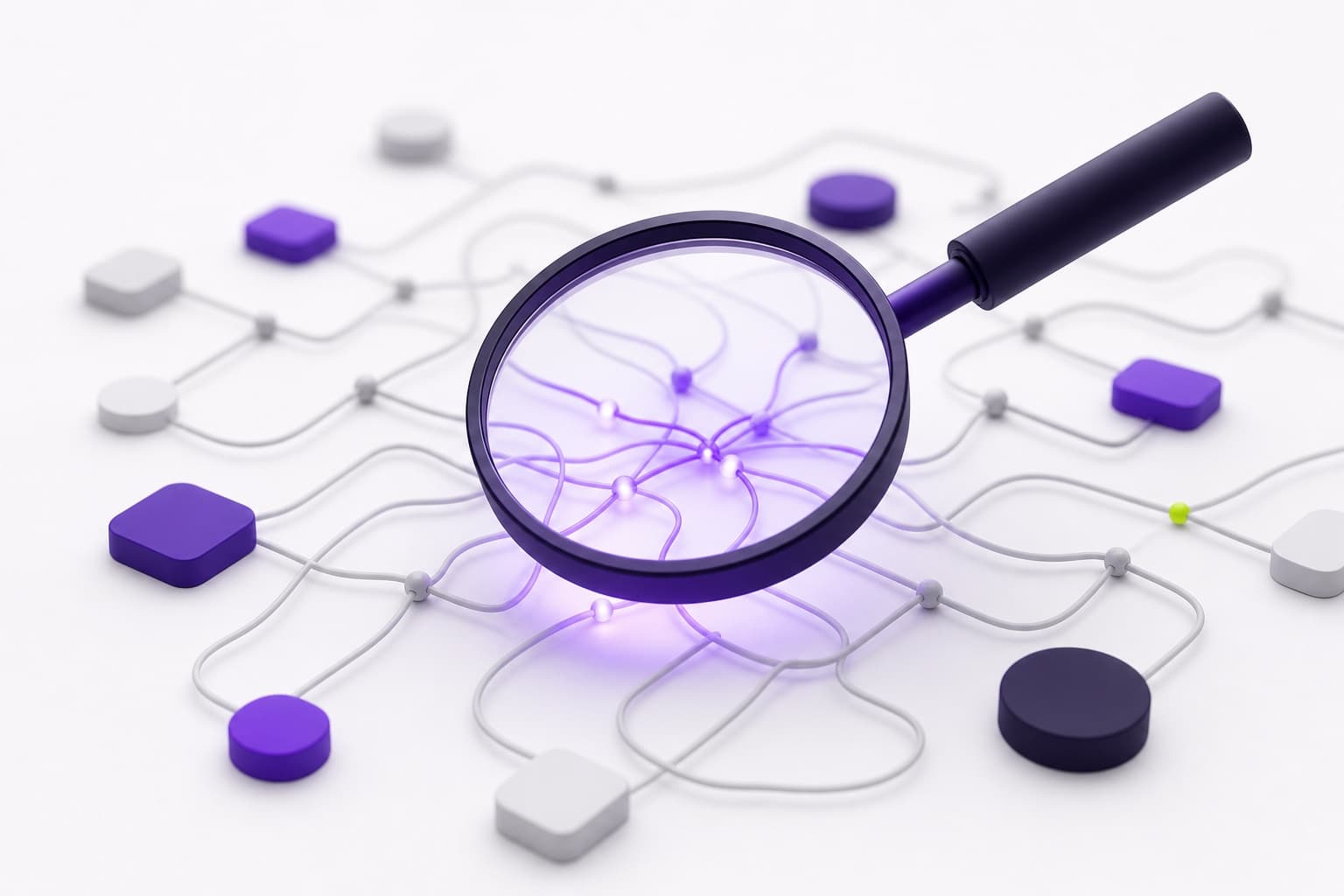 Magnifying lens revealing inefficiencies in a tangle of workflow threads