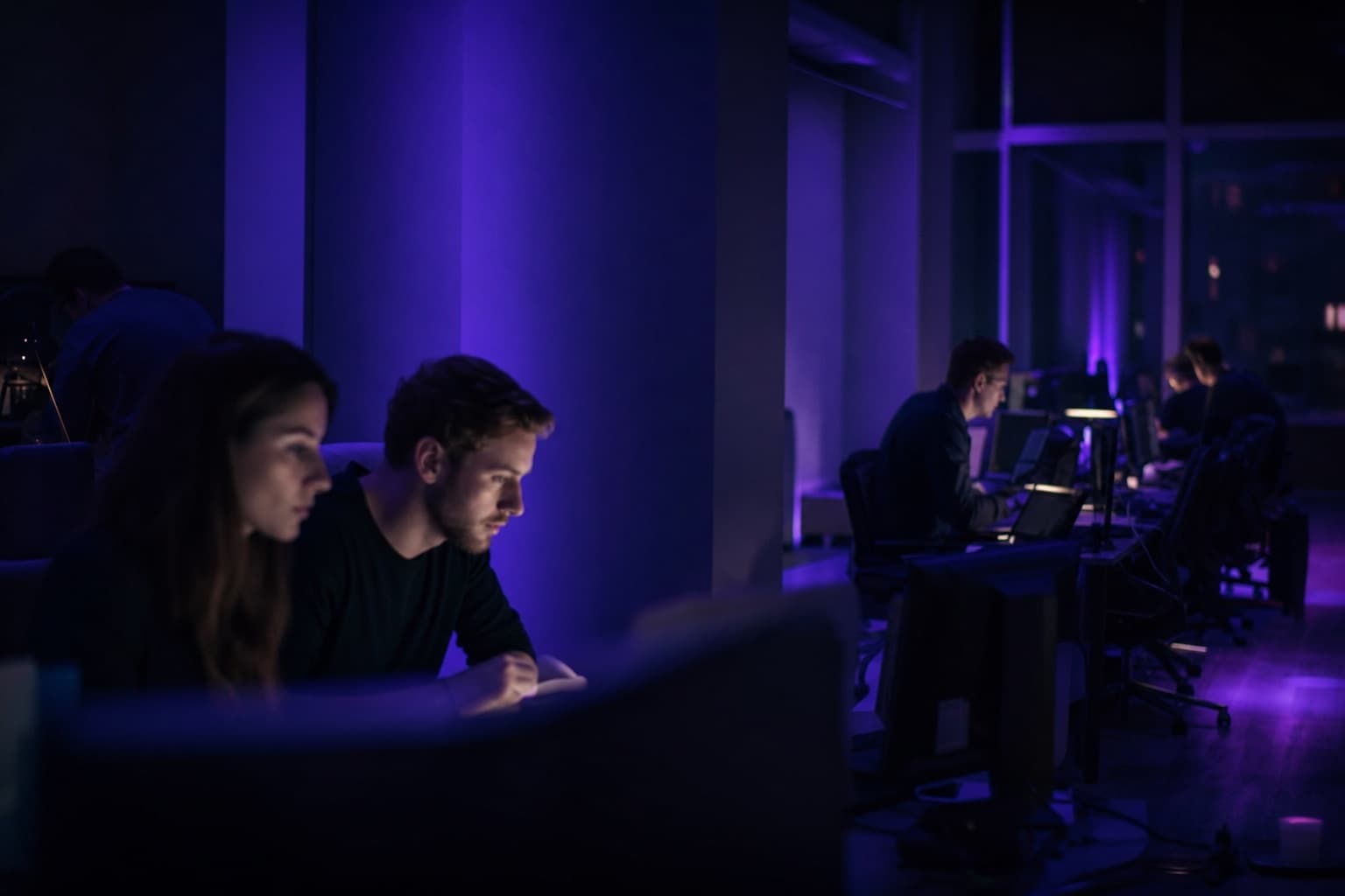 A team collaborating in a dark office lit by violet monitor glow
